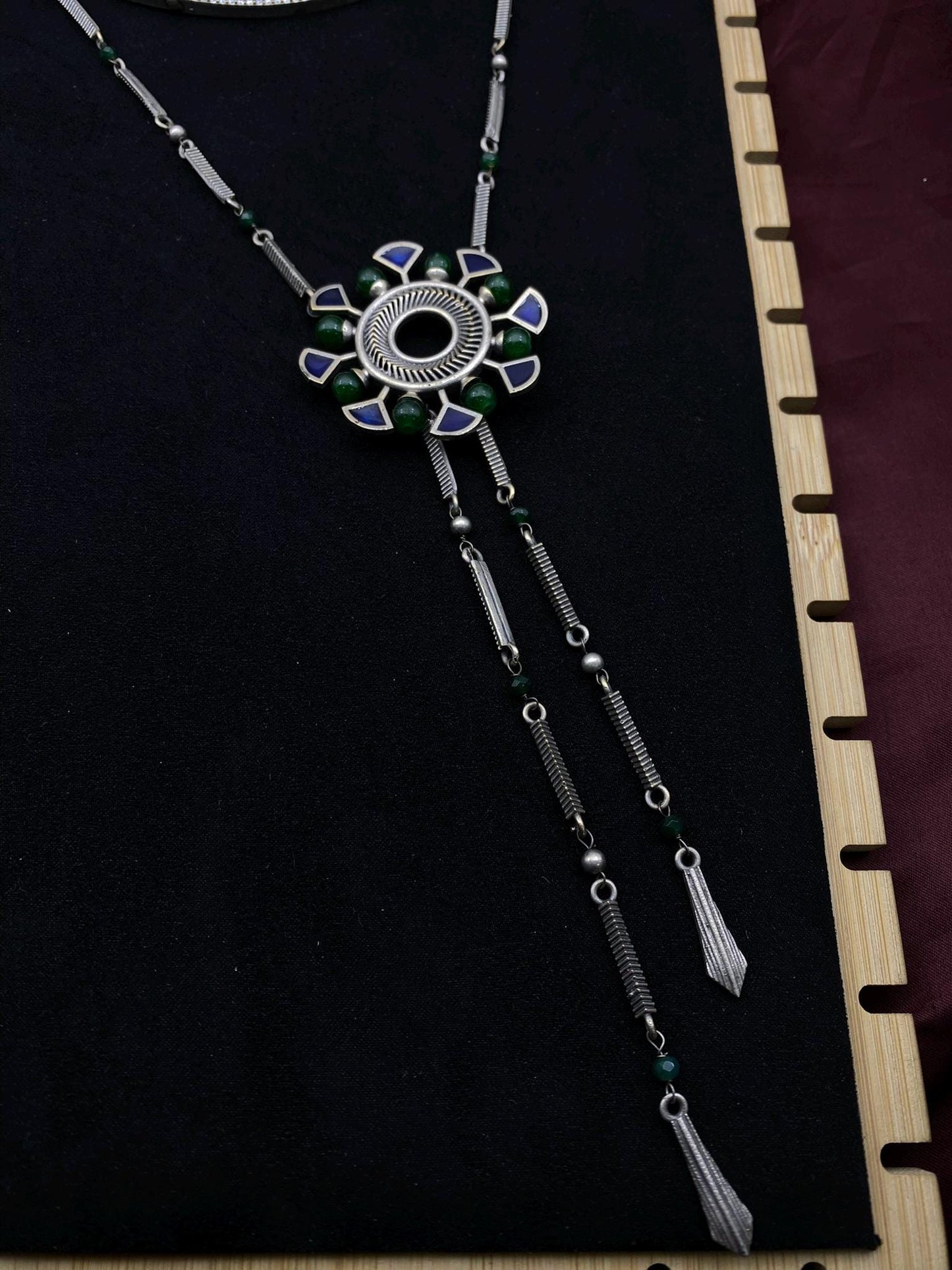 Tribal Oxidized Silver Long Necklace Set with Stud Earrings | Enamel Flower Pendant | Boho Ethnic Jewelry by Quirky Fashions