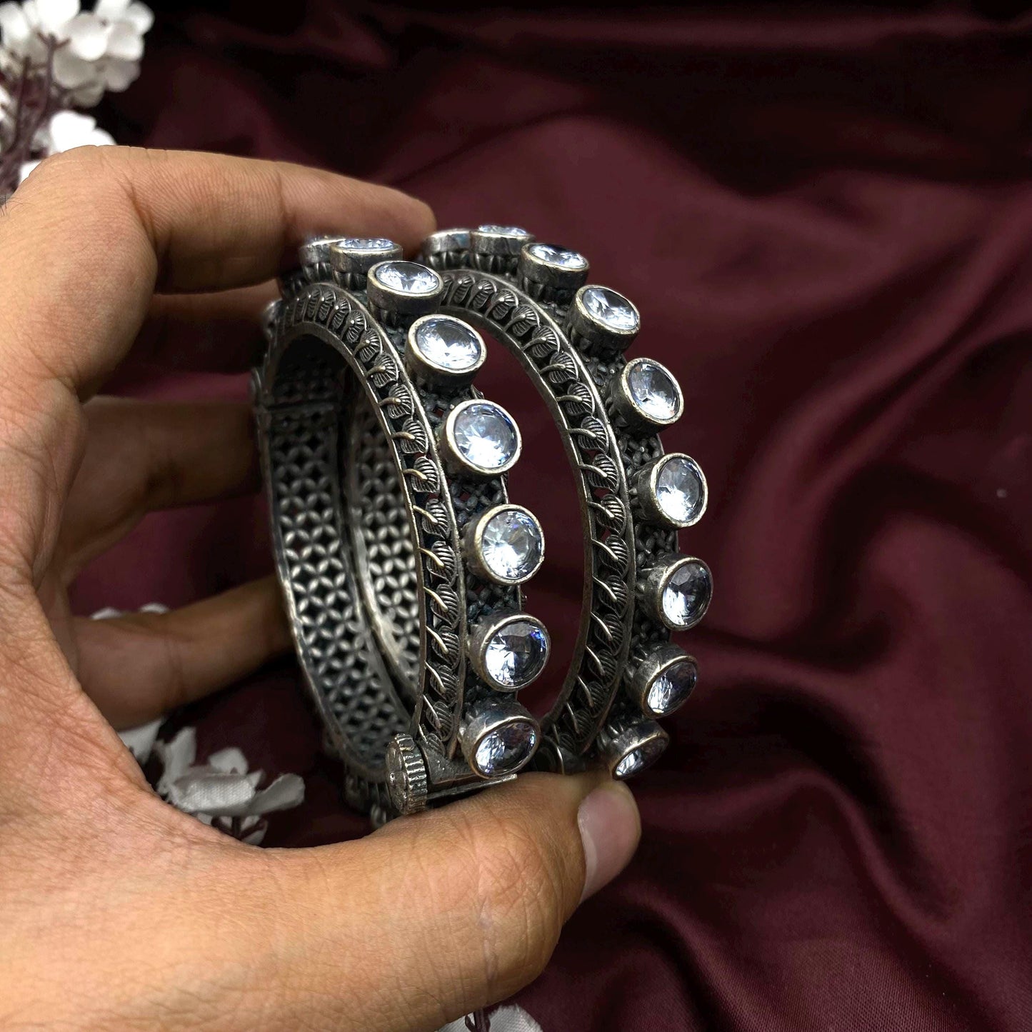 Oxidized Silver Screw Bangles with White Stones | Traditional Statement Kada | Adjustable Antique Cuff Bracelet for Women | Ethnic Indian Je