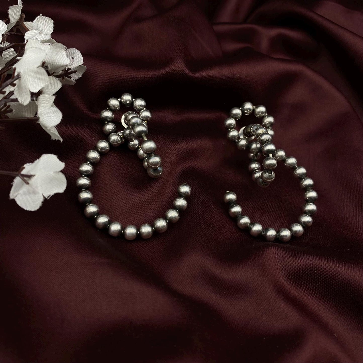 Oxidized Silver Swirl Earrings – Beaded Statement Dangle Jewelry by Quirky Fashions