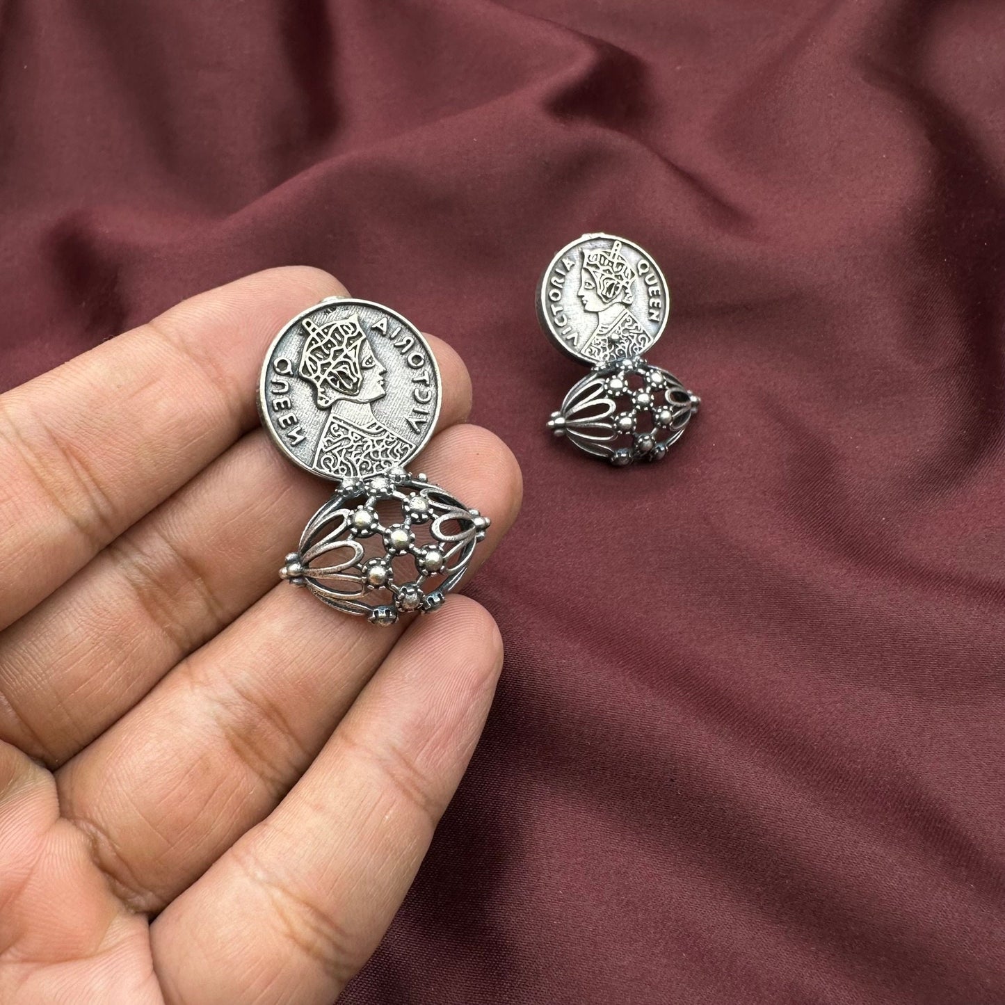 Queen Victoria Indian Oxidised Silver Jewelry Tribal Ethnic Antique Studs for women girl elegant earrings