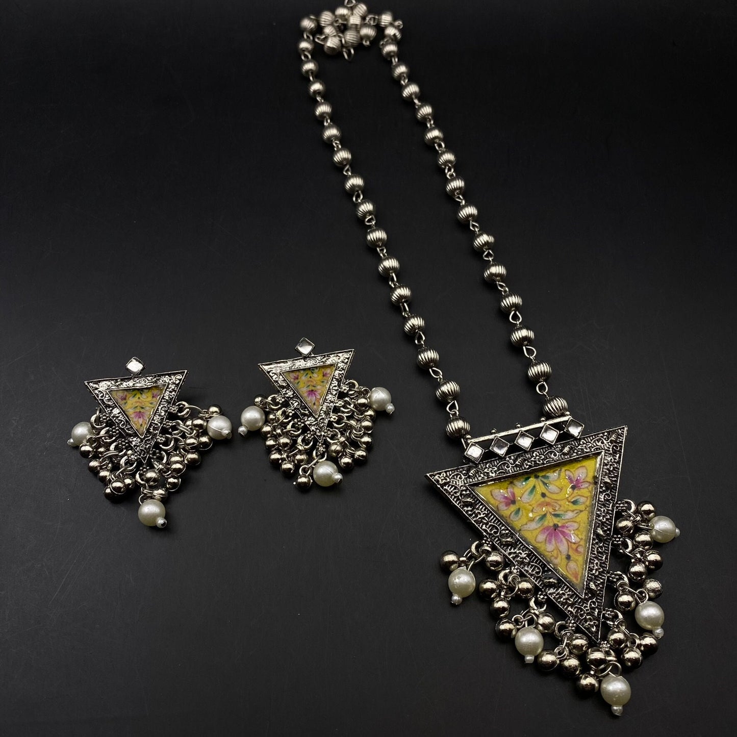 Quirky Fashions Oxidized silver Indian style ethnic wear jewelry necklace set with earrings, banjara necklace, handmade pumpkin beads chain.