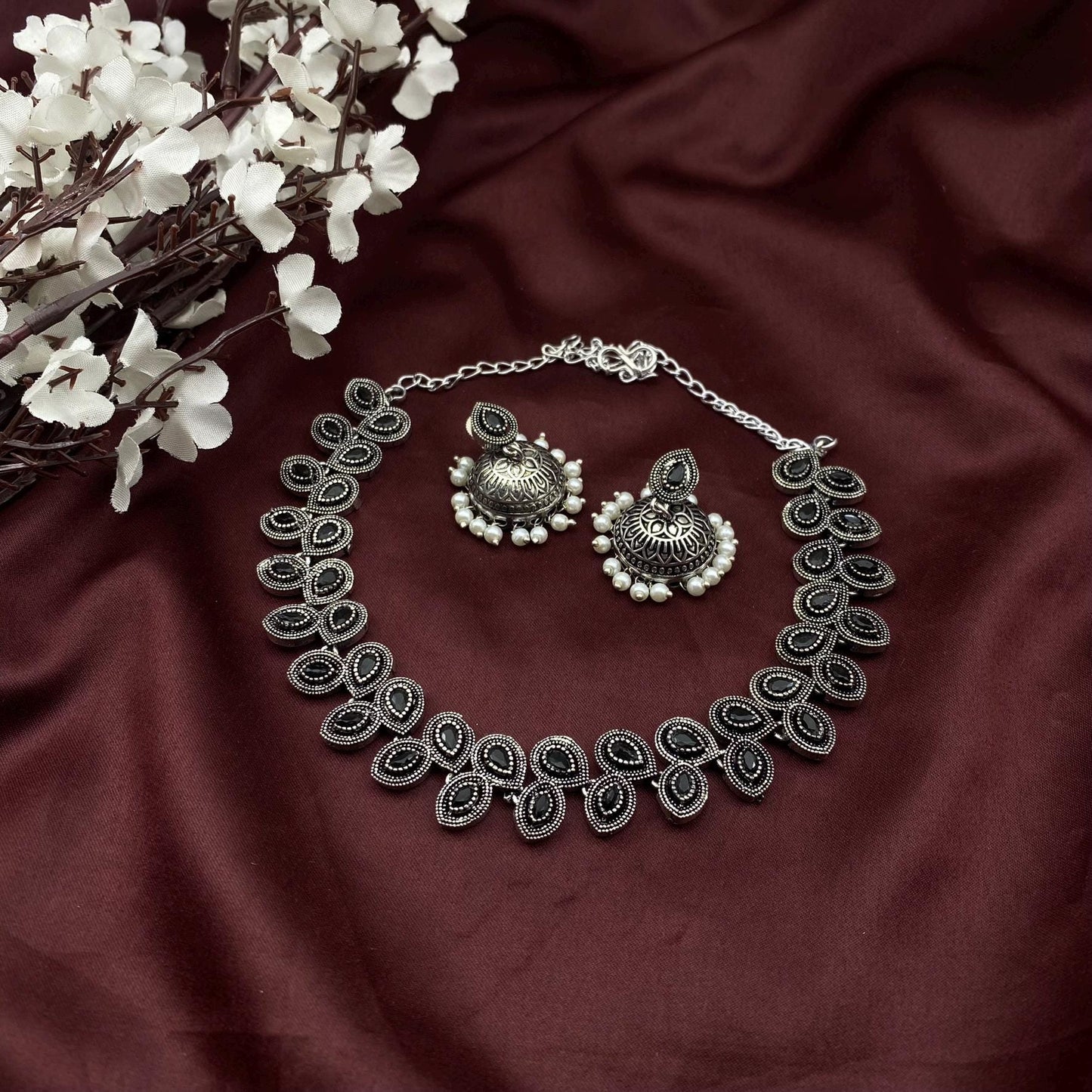 Oxidized Silver stone Choker Necklace with Matching Jhumka Earrings – Elegant Ethnic Jewelry by Quirky Fashions