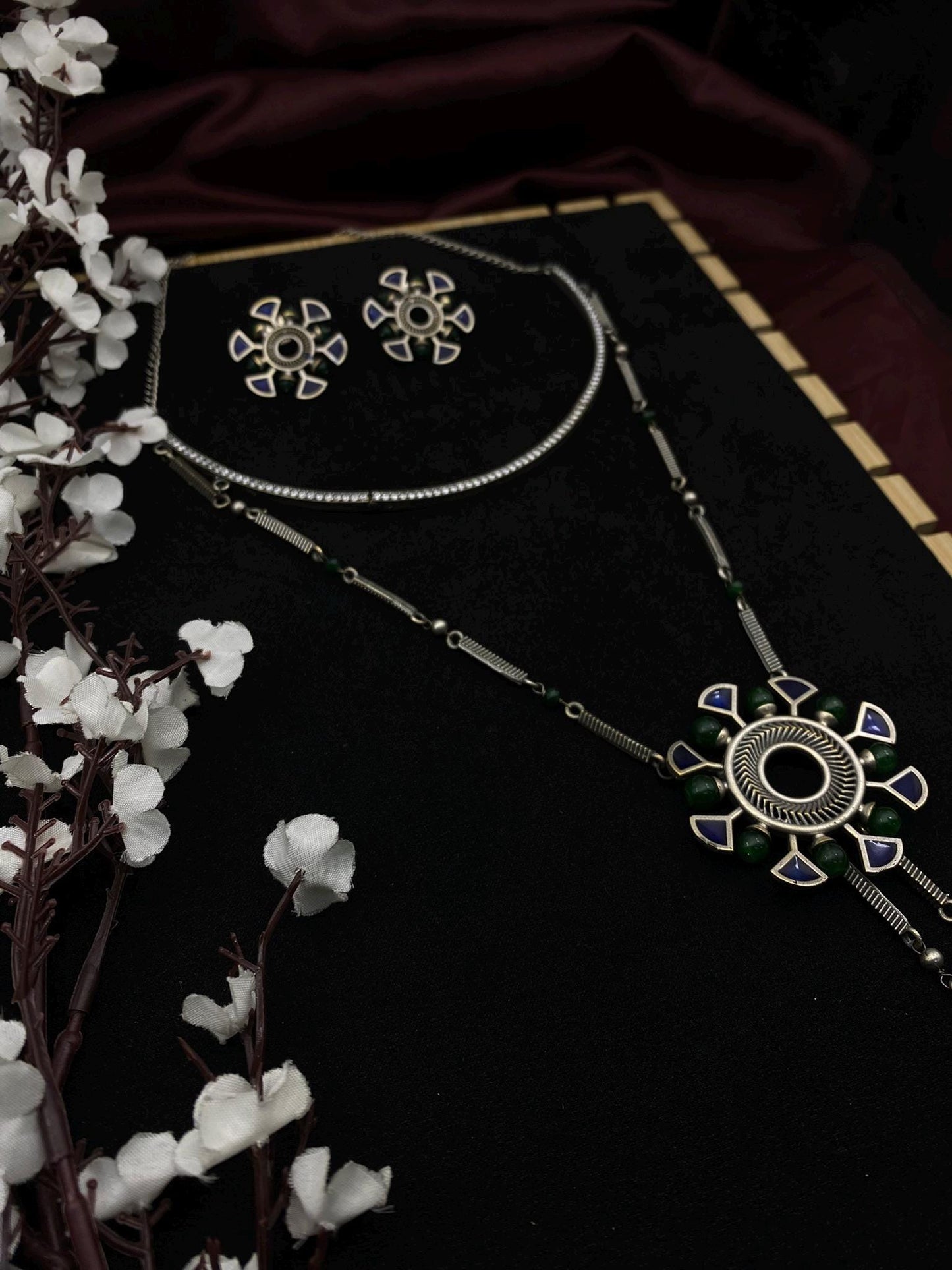 Tribal Oxidized Silver Long Necklace Set with Stud Earrings | Enamel Flower Pendant | Boho Ethnic Jewelry by Quirky Fashions