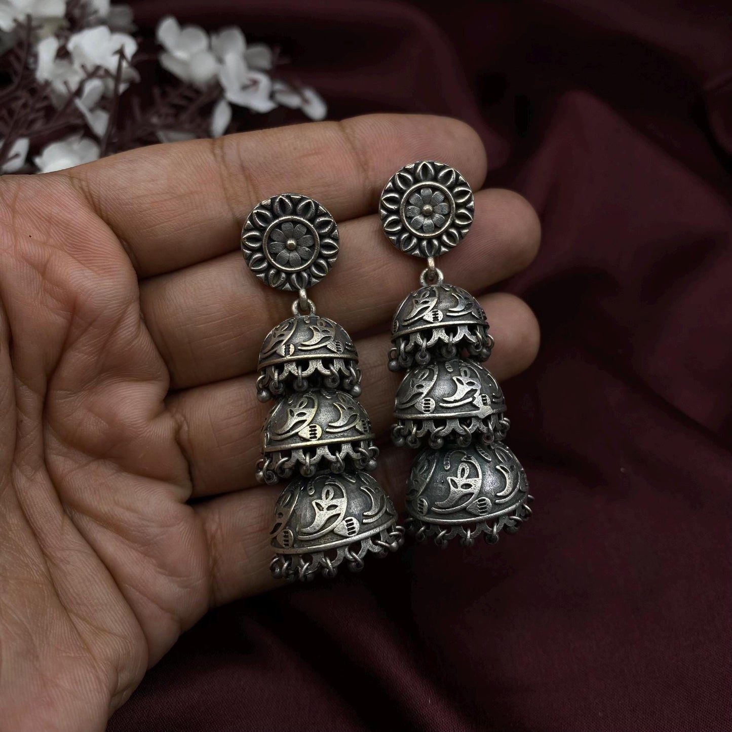 Quirky Fashions Oxidized Silver Triple Jhumka Earrings – Boho Vintage Dangle Earrings for Women
