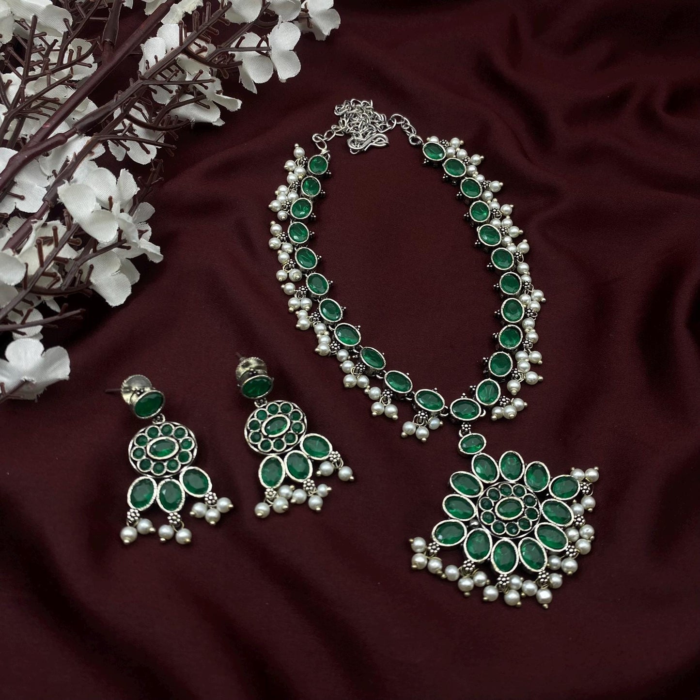 Oxidized Silver Long Necklace Set with Oval Stone & Matching Earrings – Available in 9 Vibrant Colors