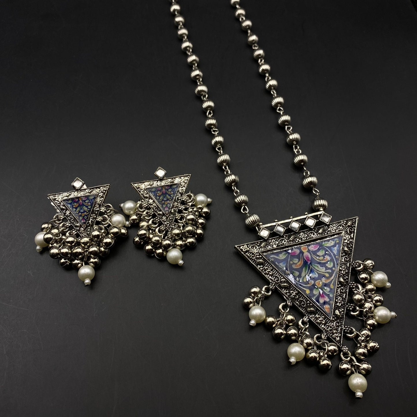 Quirky Fashions Oxidized silver Indian style ethnic wear jewelry necklace set with earrings, banjara necklace, handmade pumpkin beads chain.