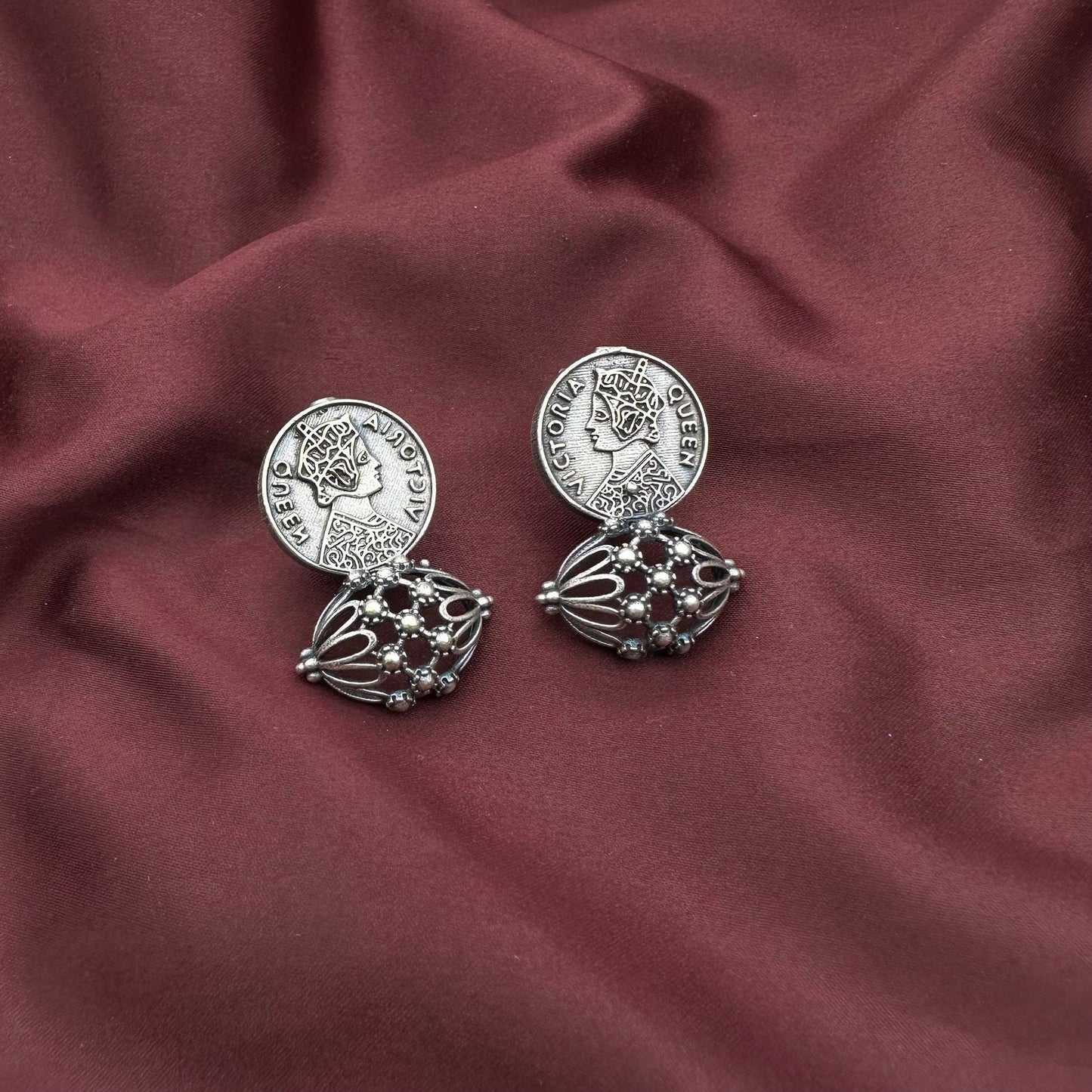 Queen Victoria Indian Oxidised Silver Jewelry Tribal Ethnic Antique Studs for women girl elegant earrings