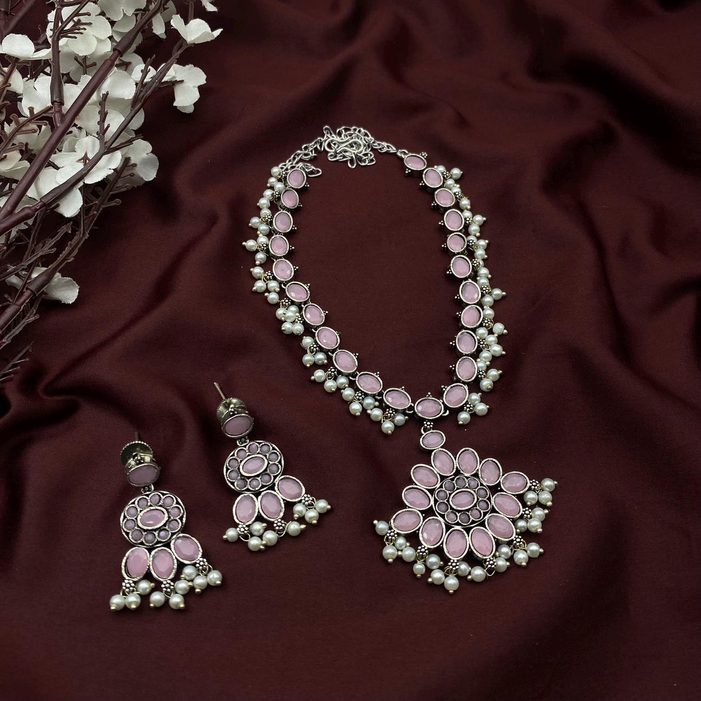Oxidized Silver Long Necklace Set with Oval Stone & Matching Earrings – Available in 9 Vibrant Colors