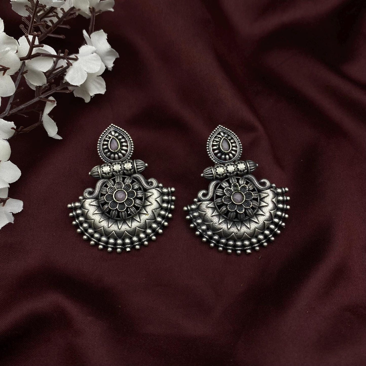 Oxidised Antique Silver Teardrop Floral Chaandbali Earrings by Quirky Fashions – Available in 10 Colors