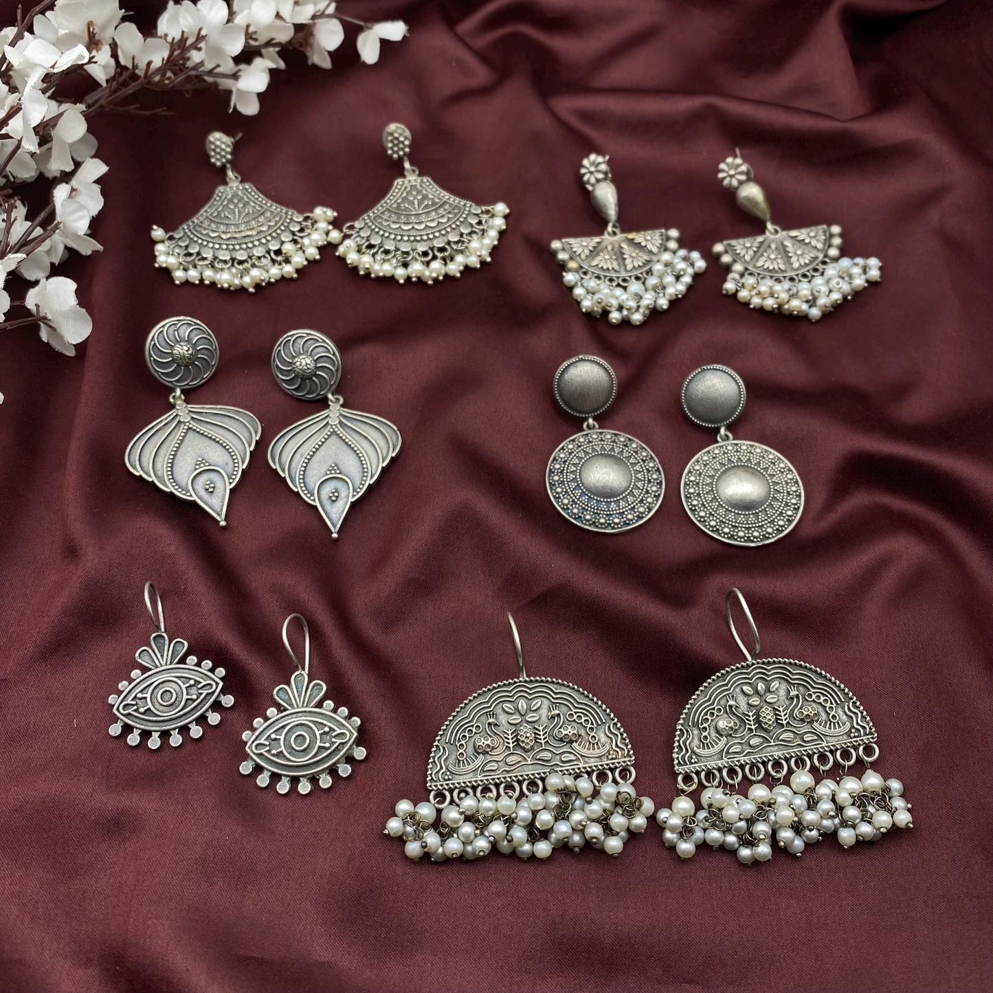 Oxidized Silver Earrings Set - Ethnic Jhumka, Evil Eye, Peacock & Pearl Danglers by Quirky Fashions | Gift pack | Customized gifts for her
