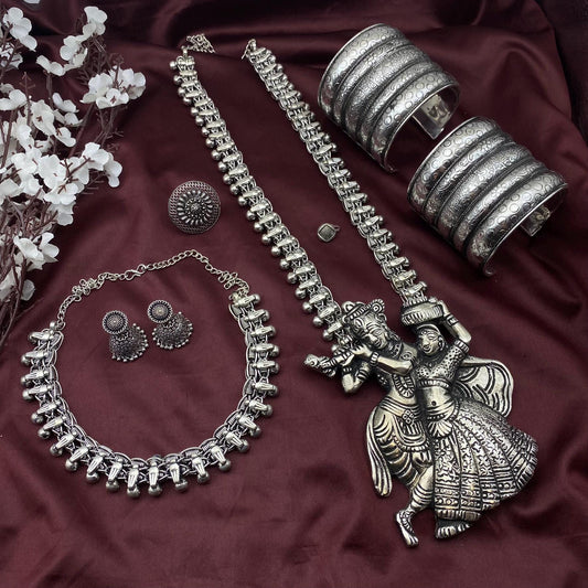 Quirky Fashions Oxidized Silver Dokra Jewelry Set | Radha Krishna | Buddha | Ganesha | Bird Necklace | Combo of 6 pc | Perfect Indian Gift