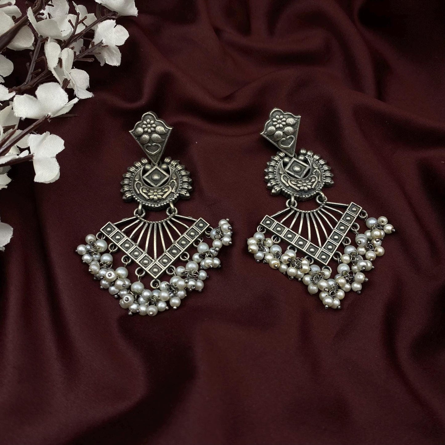 Handmade Oxidized Silver Chandelier Earrings with Pearl Danglers by Quirky Fashions