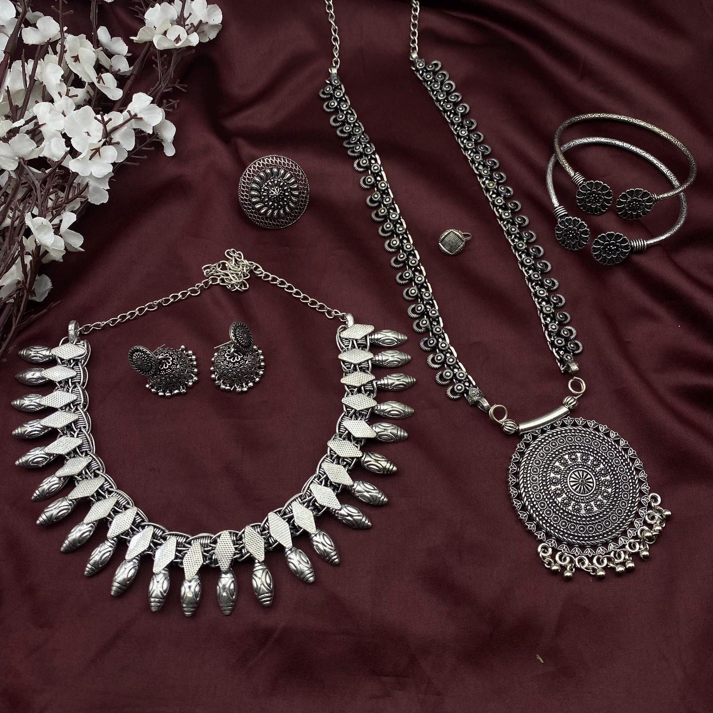 6pc Tribal set, Boho Long Necklace Set, Oxidized Jewelry Set, Ethnic Jewelry, Temple Jewelry, Gift for Xmas, Indian Jewlery Necklace Set
