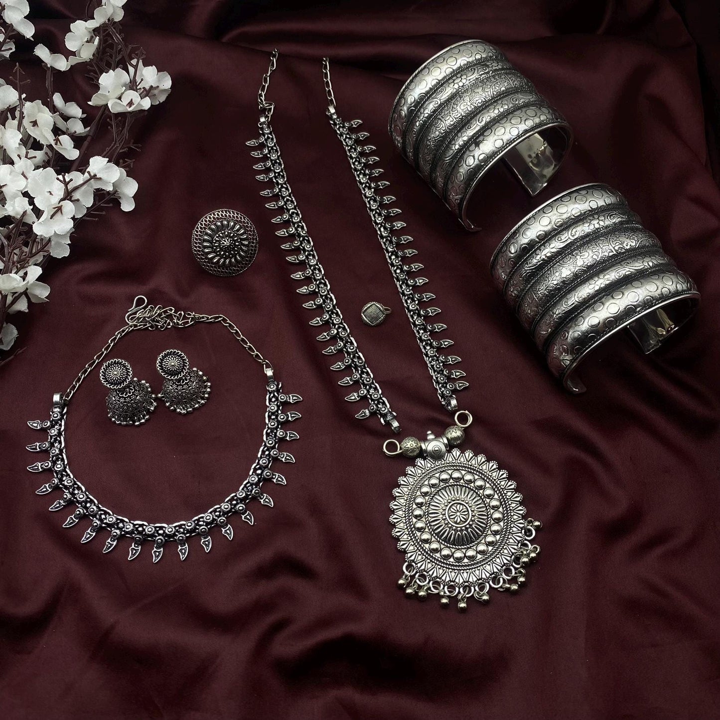 6pc Tribal set, Boho Long Necklace Set, Oxidized Jewelry Set, Ethnic Jewelry, Temple Jewelry, Gift for Xmas, Indian Jewlery Necklace Set
