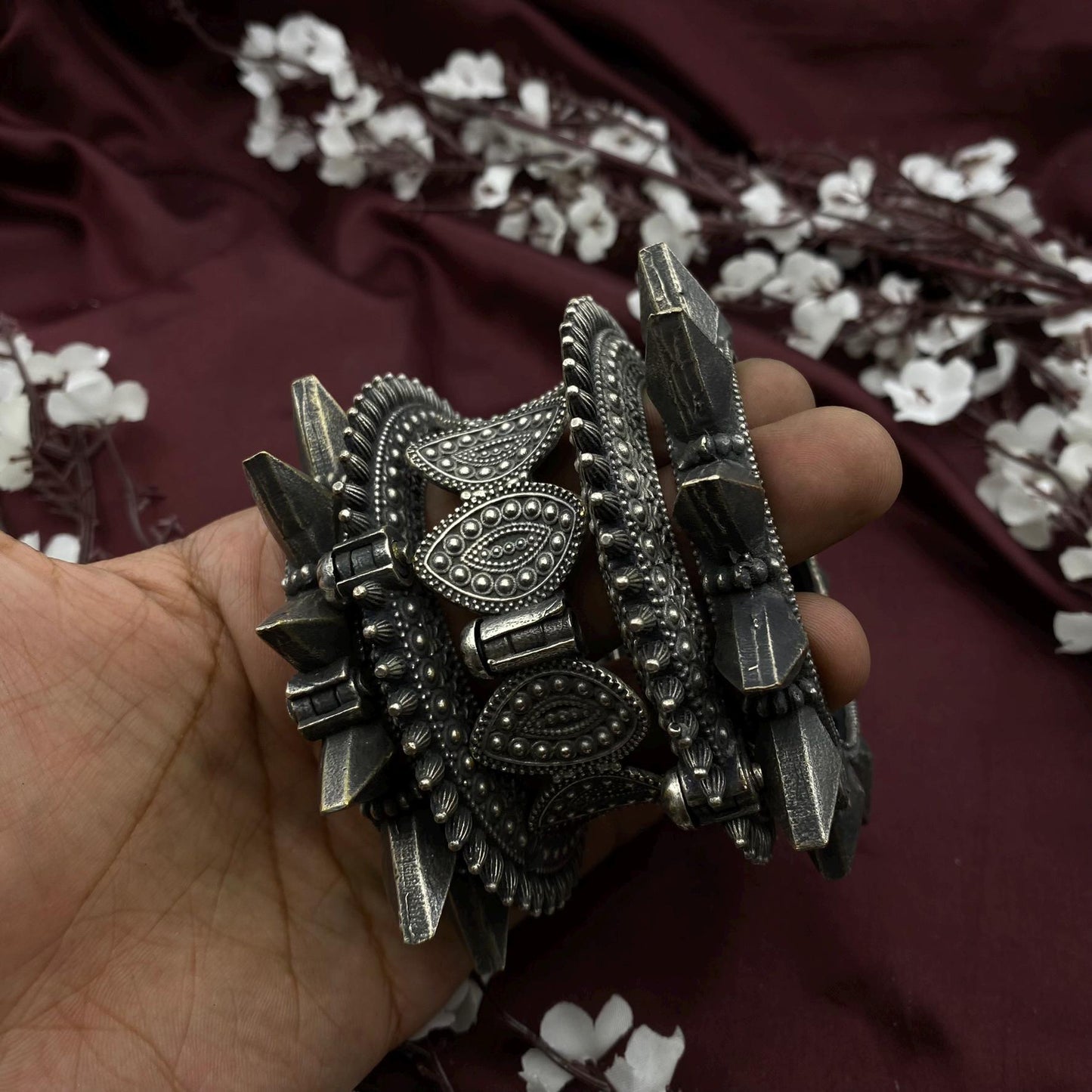 Set of 5 pc Indian Oxidised Silver kada bangles ethnic tribal antique vintage temple jewelry south indian jewelry wedding kadas