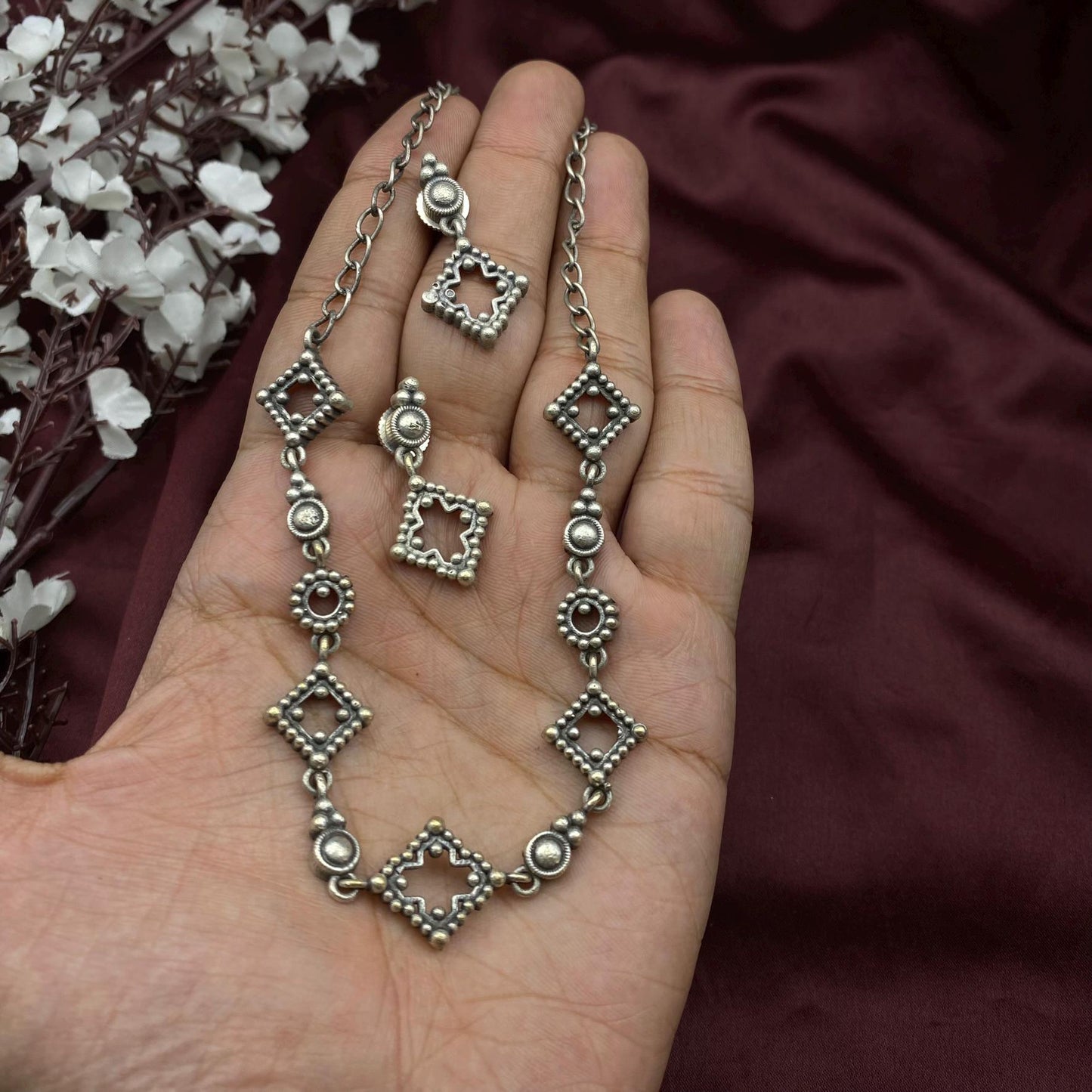 Quirky Fashions Oxidized Silver Choker Necklace Set with Matching Earrings - Antique Brass Square and Circle Motifs