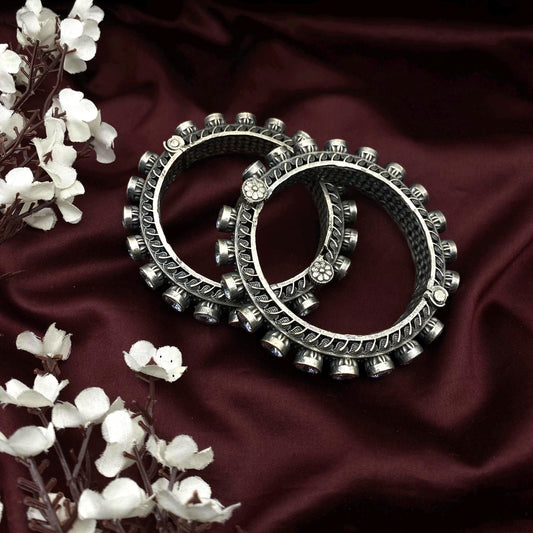 Oxidized Silver Screw Bangles with White Stones | Traditional Statement Kada | Adjustable Antique Cuff Bracelet for Women | Ethnic Indian Je