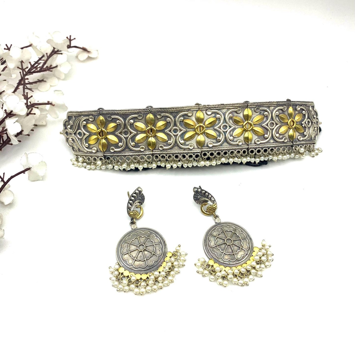 Handcrafted Oxidized Silver Choker Necklace Set | Antique Floral Design | Pearl Drop Earrings | Ethnic Jewelry by Quirky Fashions