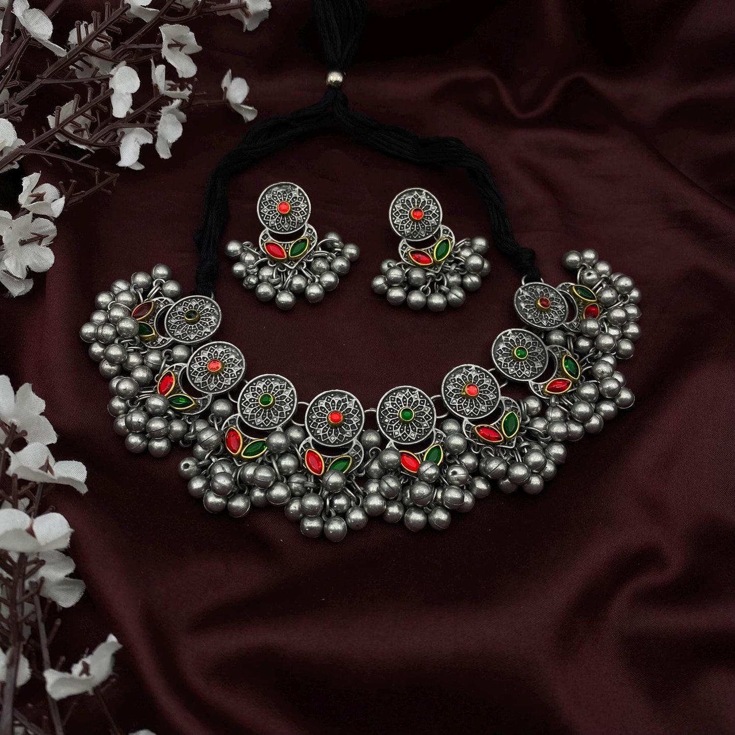 Oxidized Silver Choker Necklace Set | Tribal Statement Jewelry with Red & Green Enamel | Boho Ethnic Necklace with Earrings