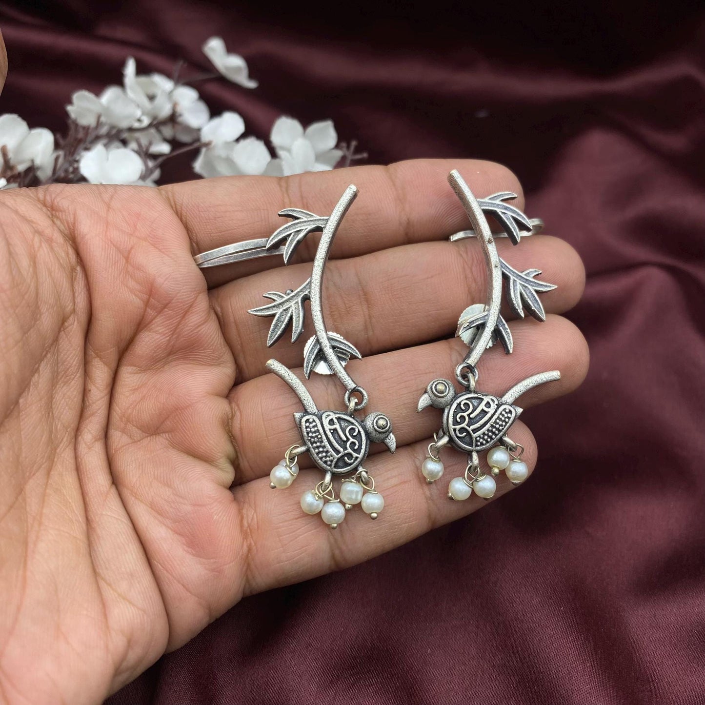 Oxidized Silver Bird Dangle Earrings | Nature-Inspired Bamboo Leaf Design | Handmade Indian Jewelry with Pearls | Boho Gift for Her