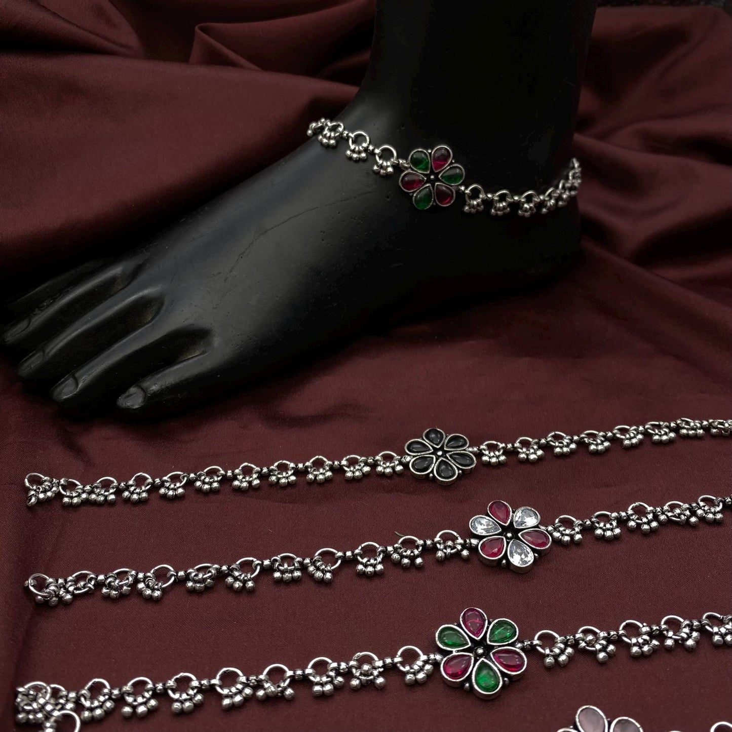 Handmade Oxidized Silver Floral Anklets with Gemstone Accents by Quirky Fashions
