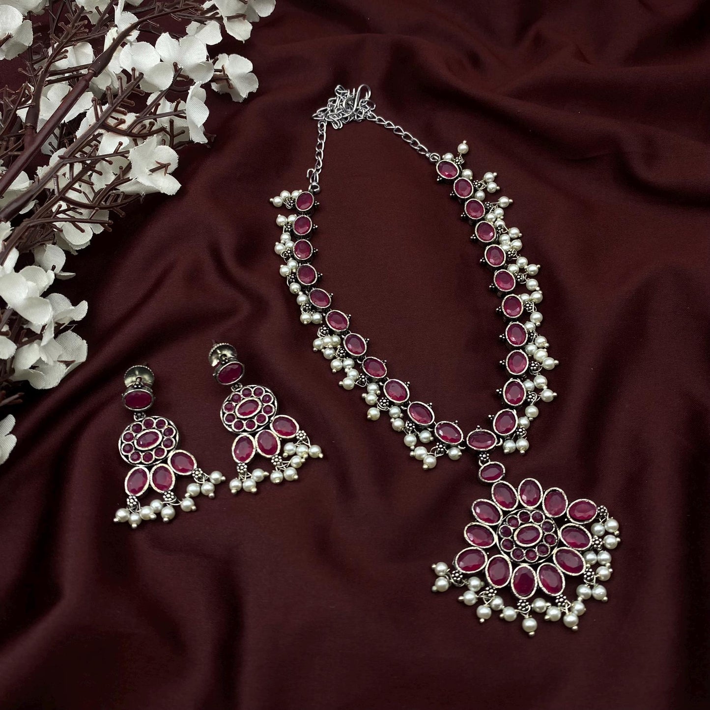 Oxidized Silver Long Necklace Set with Oval Stone & Matching Earrings – Available in 9 Vibrant Colors