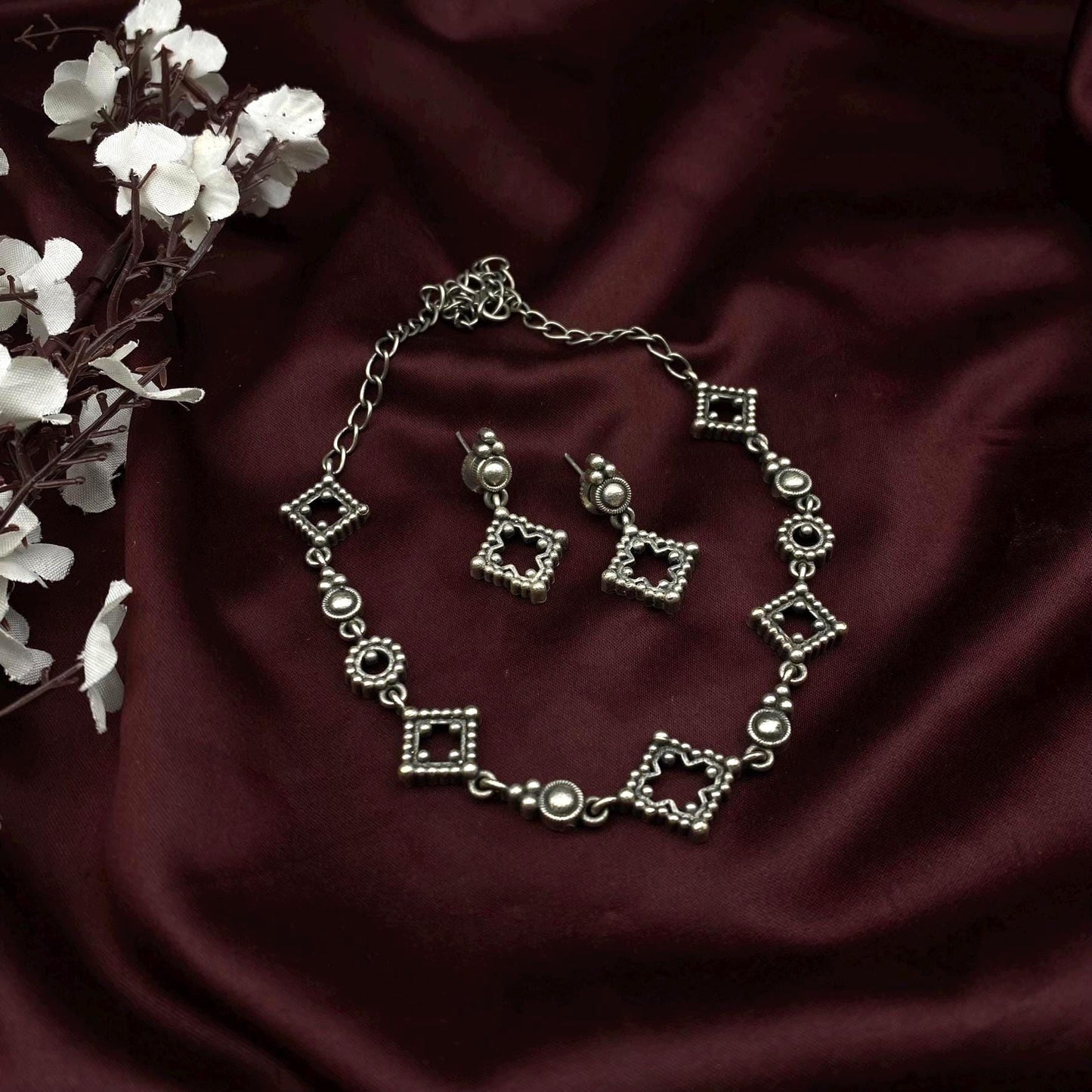 Quirky Fashions Oxidized Silver Choker Necklace Set with Matching Earrings - Antique Brass Square and Circle Motifs