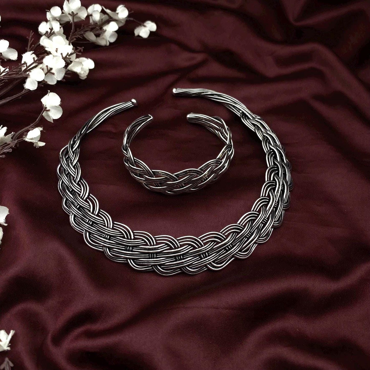 Oxidized Silver Hasuli Neck Cuff Set | Tribal Braided Choker & Bracelet | Statement Boho Jewelry by Quirky Fashions