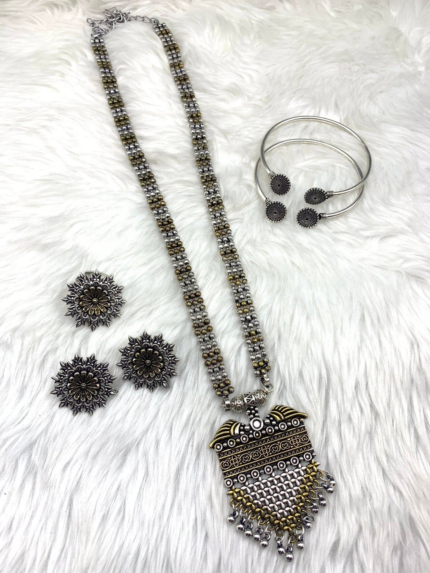 Quirky Fashions Dual tone Oxidized German silver necklace combo set with stud earrings, rings, and bracelets, Indian style jewelry valentine