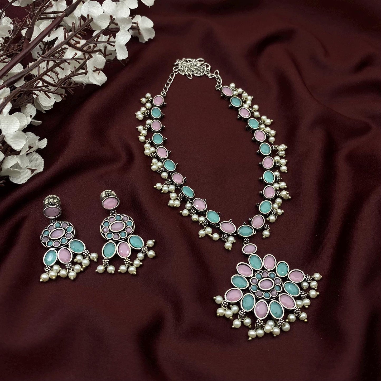 Oxidized Silver Long Necklace Set with Oval Stone & Matching Earrings – Available in 9 Vibrant Colors