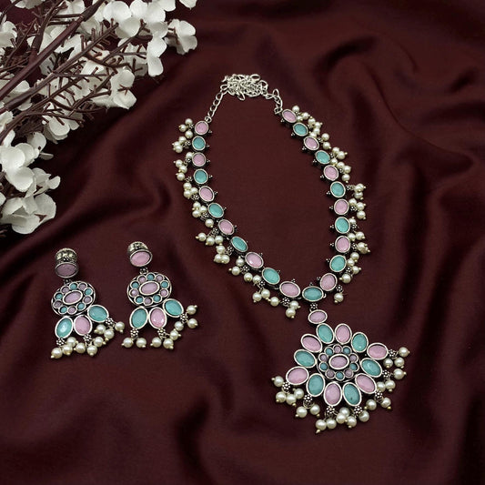 Oxidized Silver Long Necklace Set with Oval Stone & Matching Earrings – Available in 9 Vibrant Colors