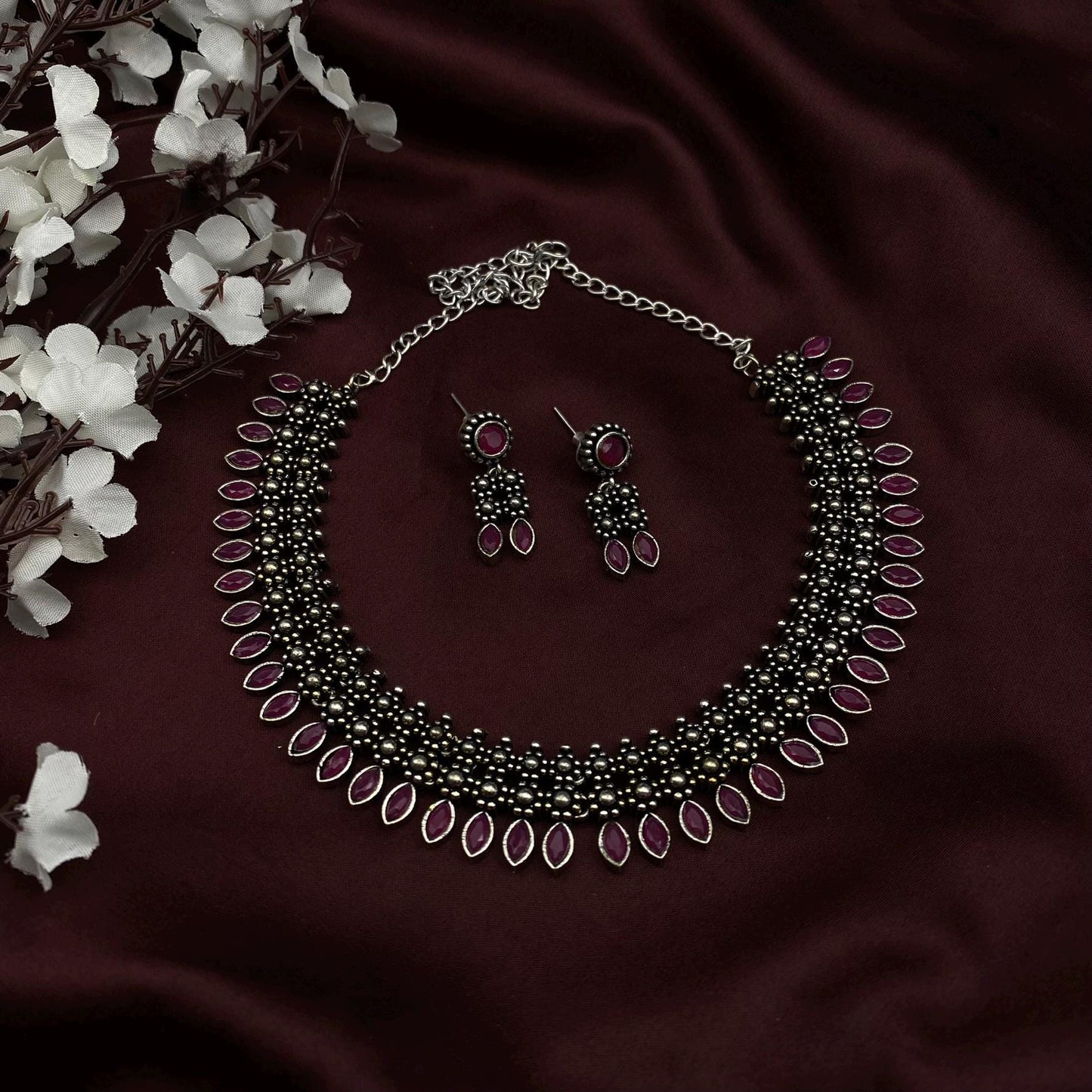 Quirky Fashions German Silver Choker Set – Traditional Kolhapuri Floral Design