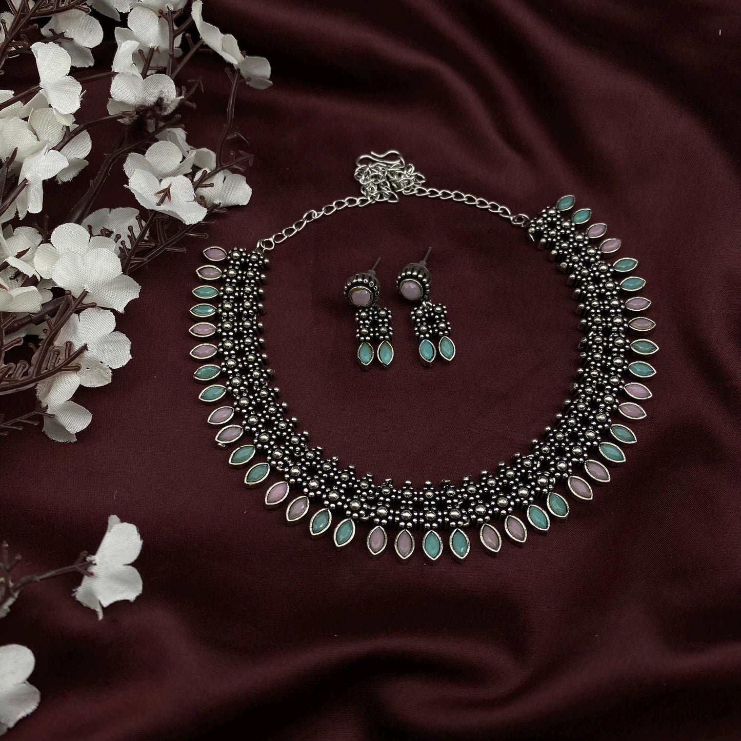 Quirky Fashions German Silver Choker Set – Traditional Kolhapuri Floral Design