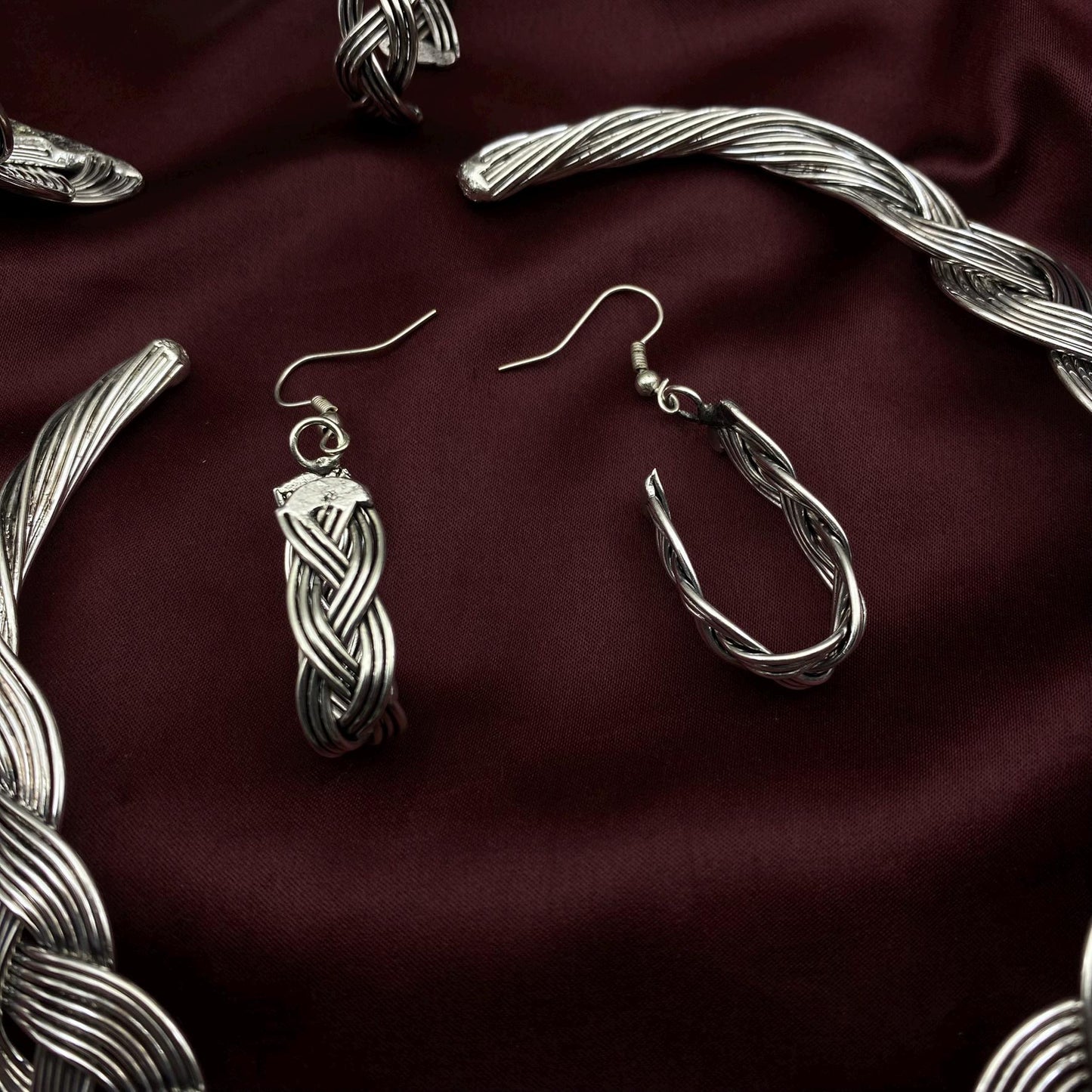 Oxidized Silver Braided Jewelry Set – Statement Necklace, Cuff Bracelet, Hoop Earrings & Ring | Boho Tribal Jewelry Set by Quirky Fashions