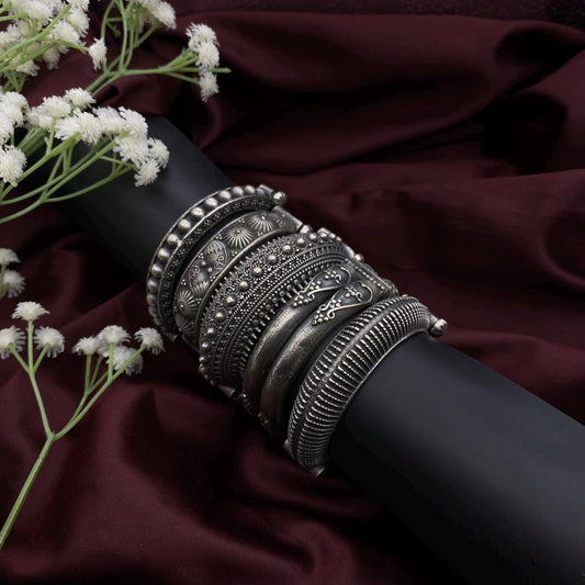 Quirky Fashions Premium Silver Replica Kada Bangle Set – Black Polish, Free Size, Available in Sets of 5 or 10