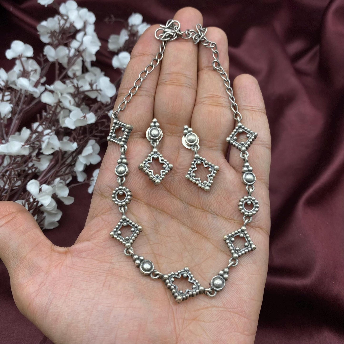 Quirky Fashions Oxidized Silver Choker Necklace Set with Matching Earrings - Antique Brass Square and Circle Motifs