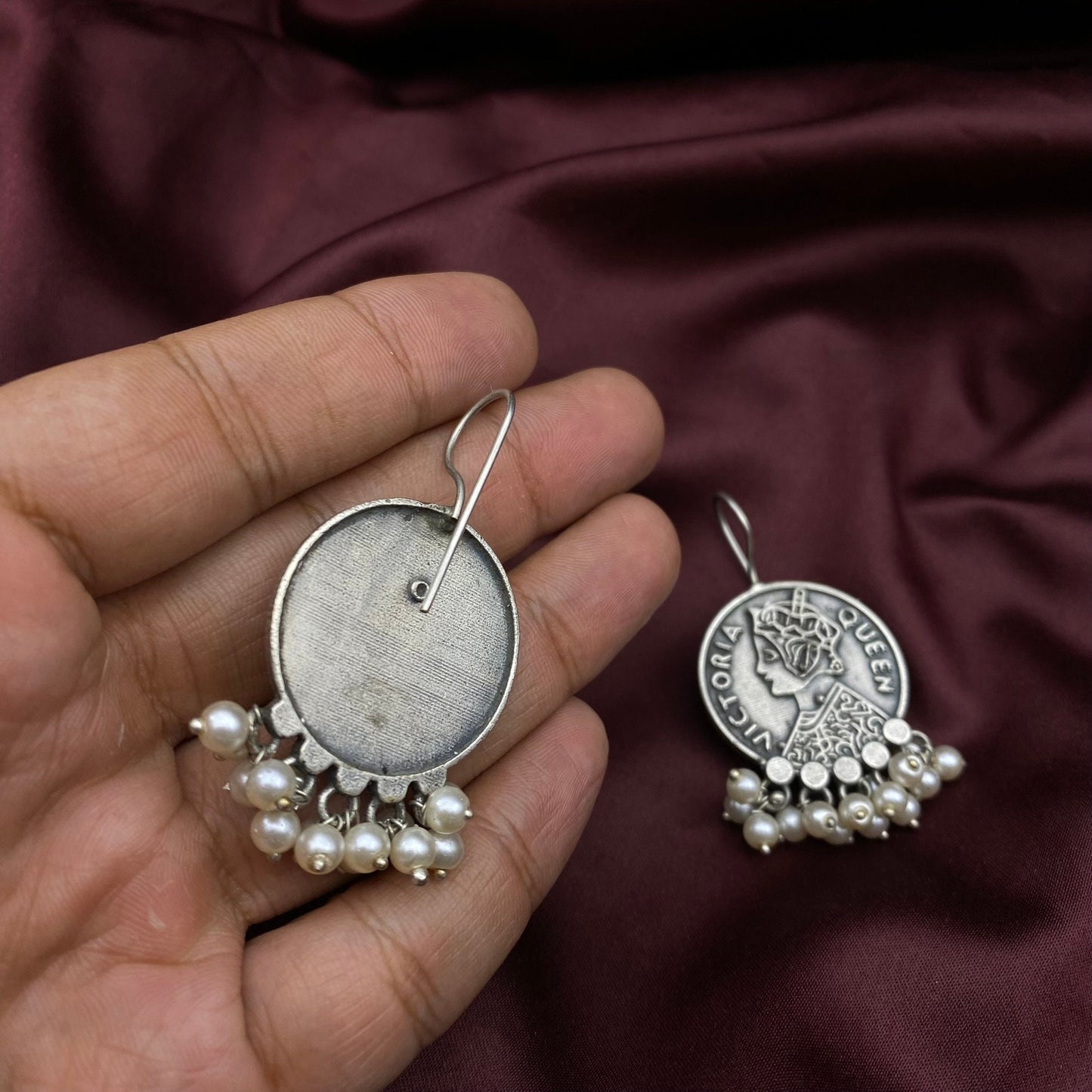 Queen Victoria Silver Oxidised Earrings Indian Jewellery Pearl Hanging Tribal Ethnic Boho Style Quirky Fashions