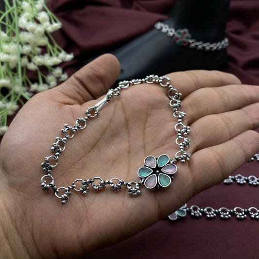 Handmade Oxidized Silver Floral Anklets with Gemstone Accents by Quirky Fashions