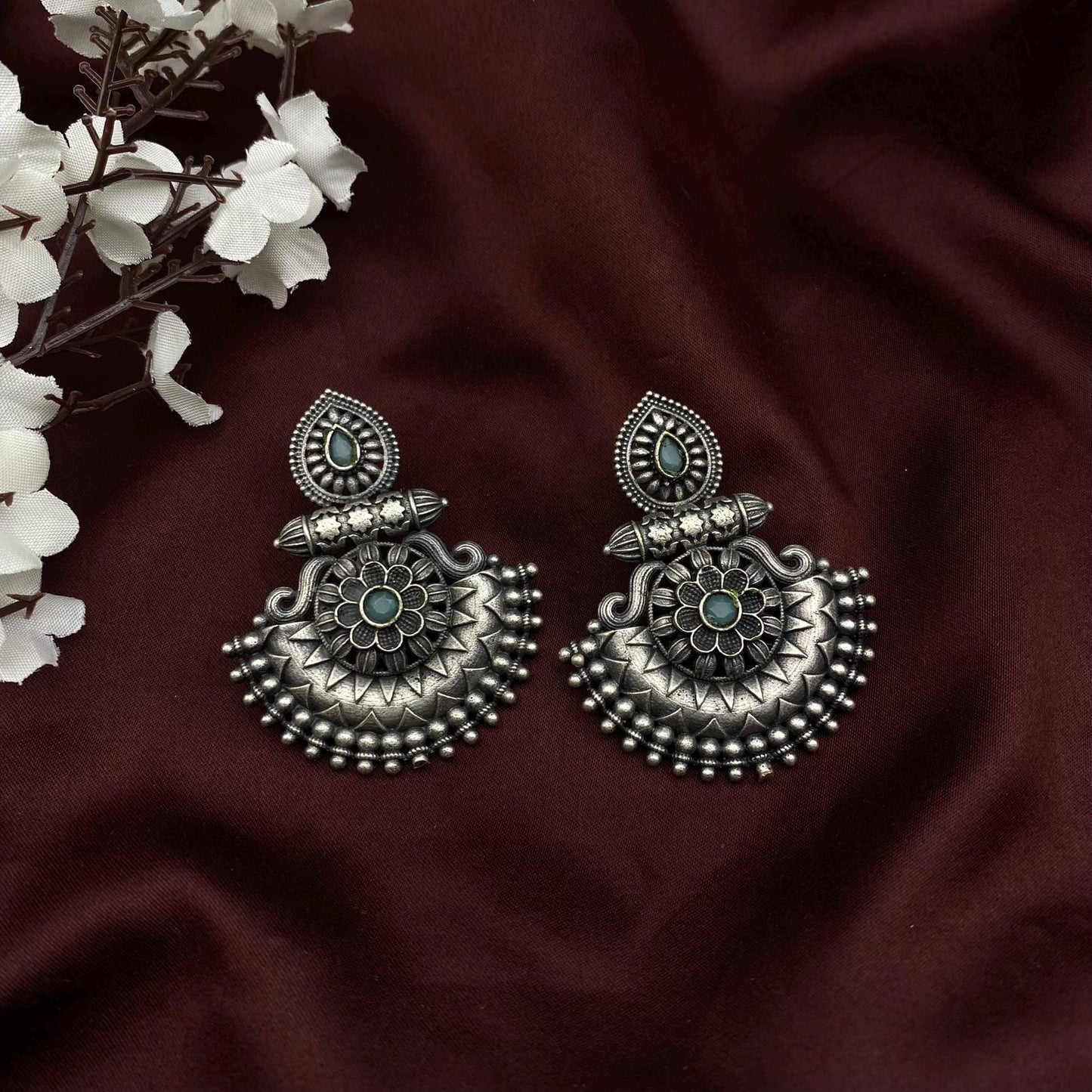 Oxidised Antique Silver Teardrop Floral Chaandbali Earrings by Quirky Fashions – Available in 10 Colors