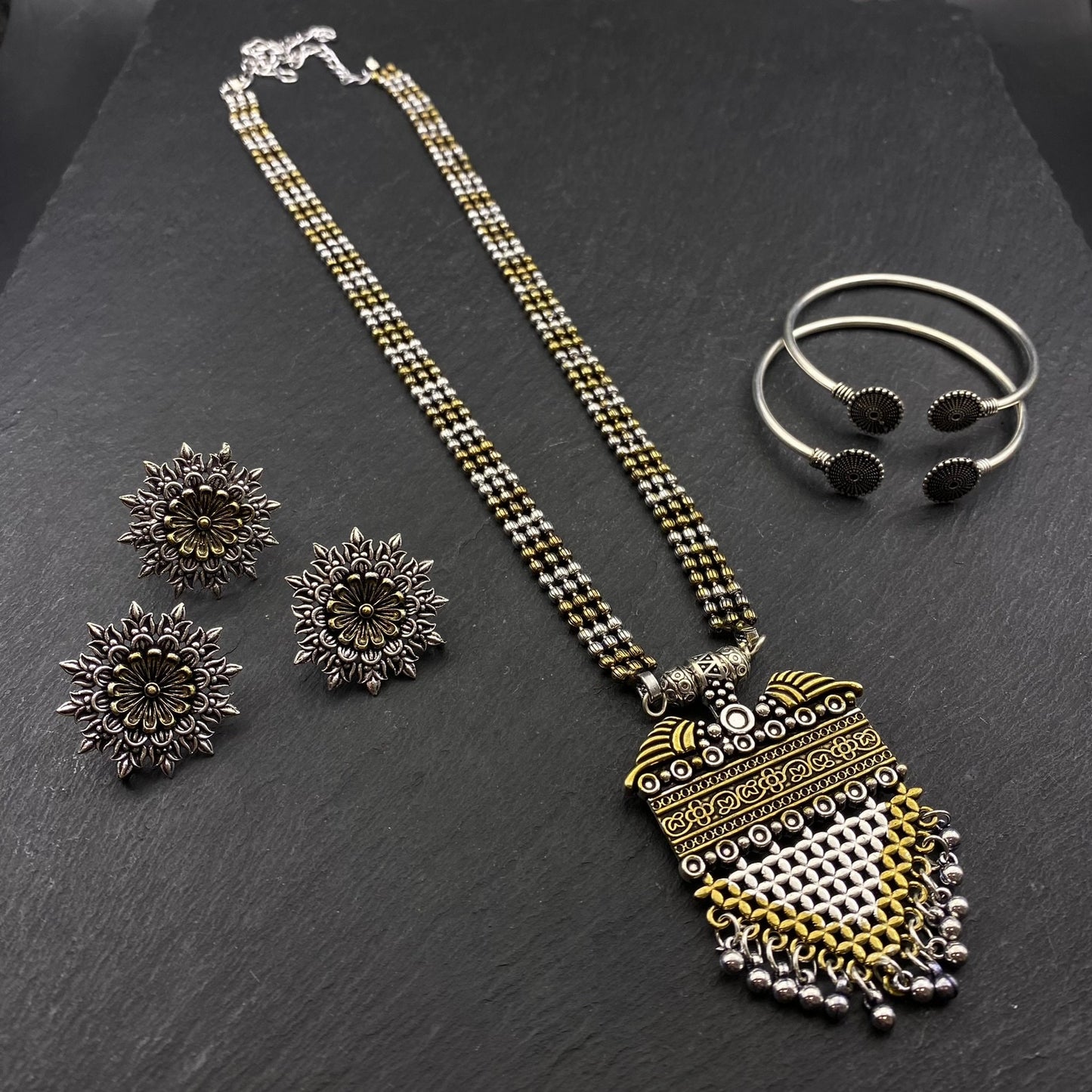 Quirky Fashions Dual tone Oxidized German silver necklace combo set with stud earrings, rings, and bracelets, Indian style jewelry valentine