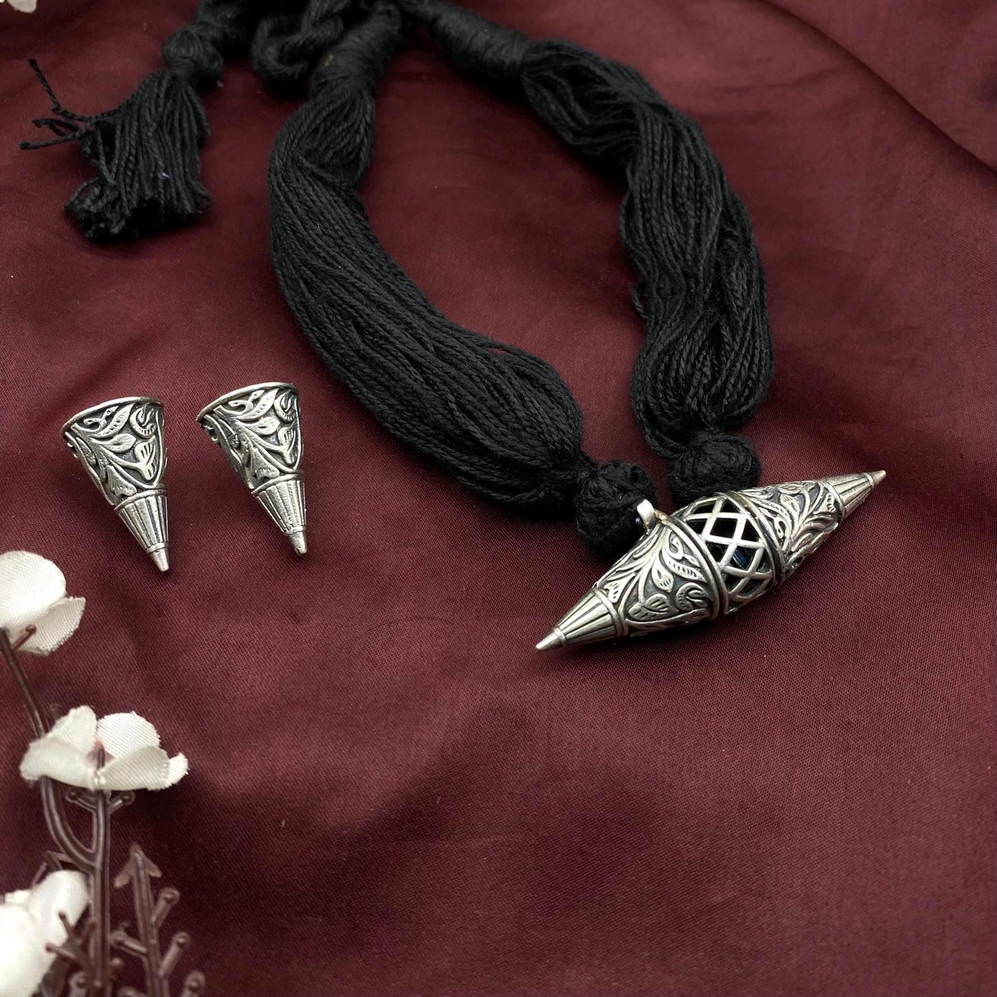 Tribal Cone Pendant Necklace Set with Earrings – Black Thread Oxidized Silver Jewelry by Quirky Fashions