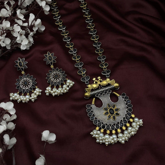 Handcrafted Oxidized Black & Gold Tribal Necklace Set with Pearl Drops | Statement Ethnic Jewelry by Quirky Fashions