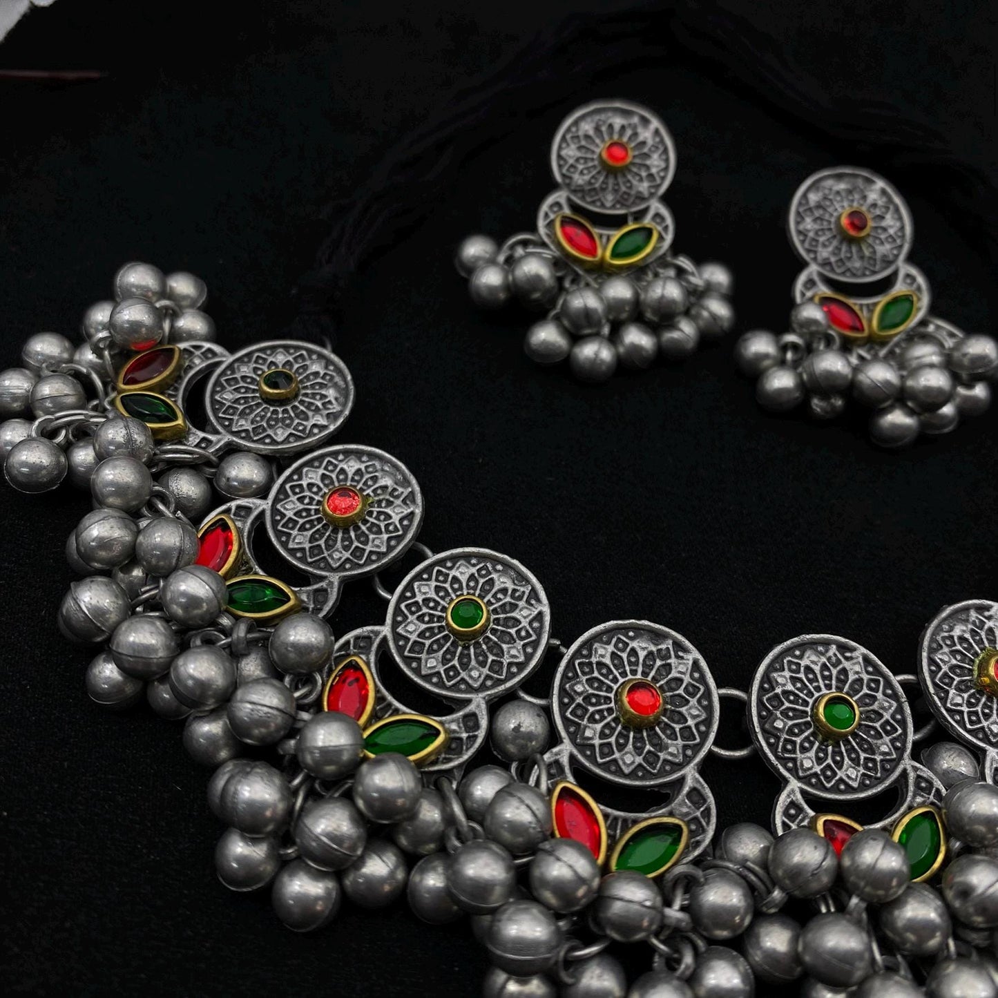 Oxidized Silver Choker Necklace Set | Tribal Statement Jewelry with Red & Green Enamel | Boho Ethnic Necklace with Earrings