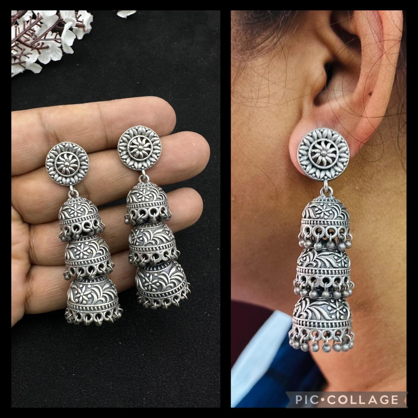 Quirky Fashions Oxidized Silver Triple Jhumka Earrings – Boho Vintage Dangle Earrings for Women