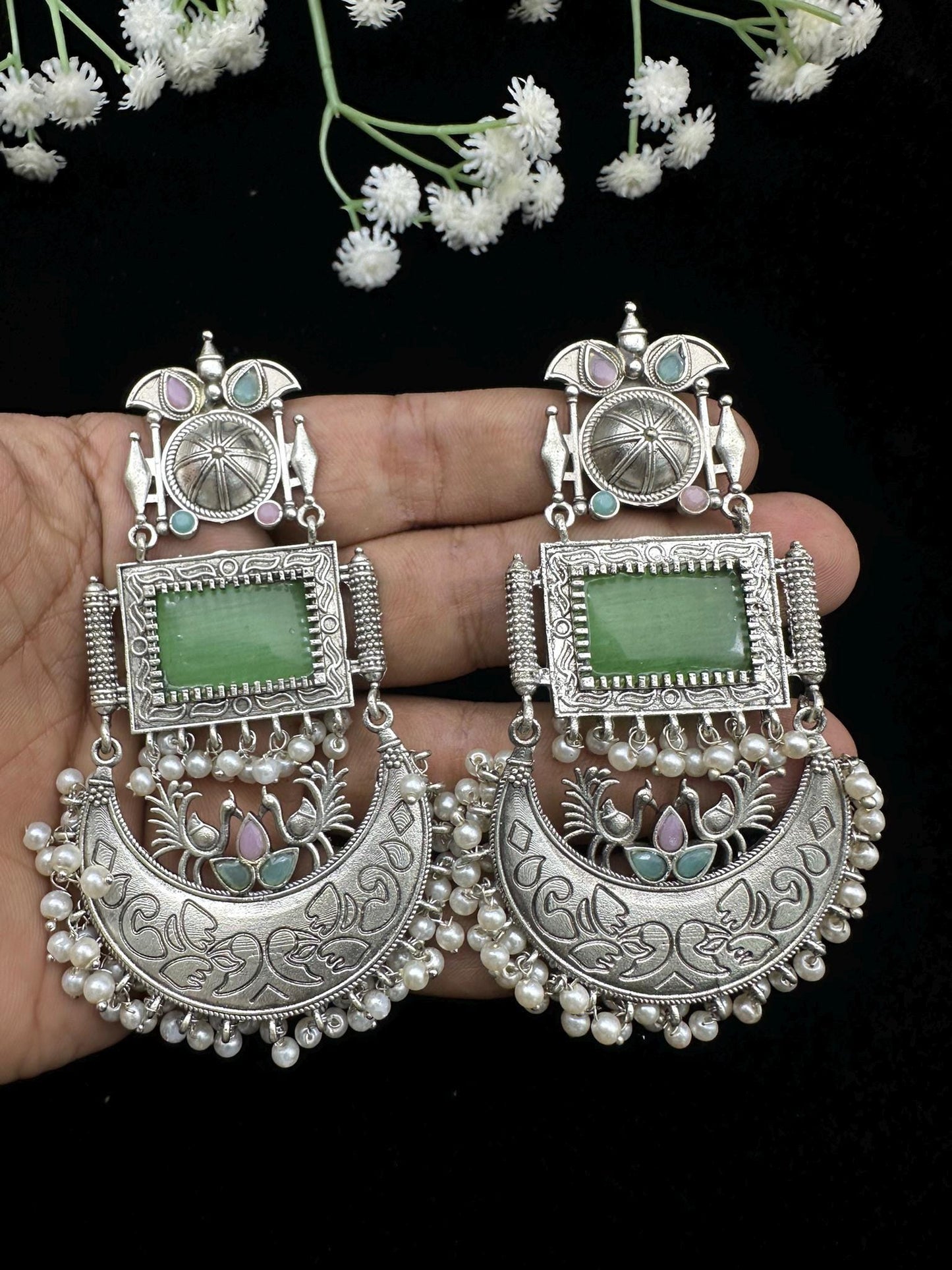 Oxidized Silver Dangle Earrings with Beads – Traditional Ethnic Design – Multiple Color Options