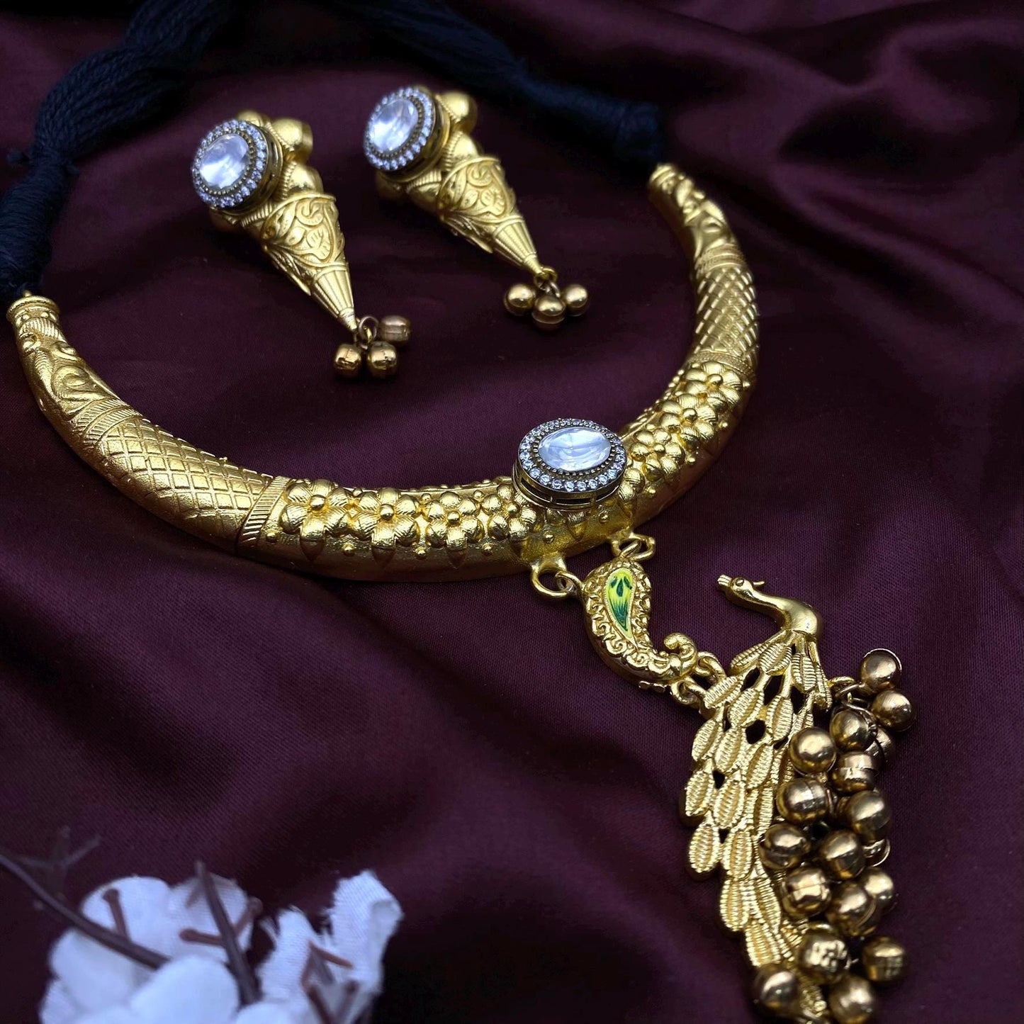 South Indian Temple Jewelry Hasli Necklace Set with Peacock Pendant & Earrings – Gold Tone Bridal Choker by Quirky Fashions