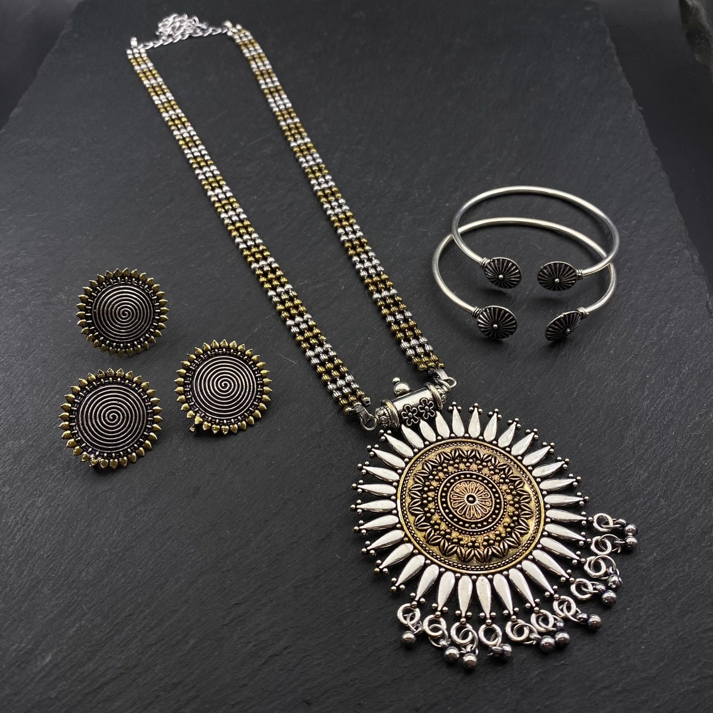 Quirky Fashions Dual tone Oxidized German silver necklace combo set with stud earrings, rings, and bracelets, Indian style jewelry valentine