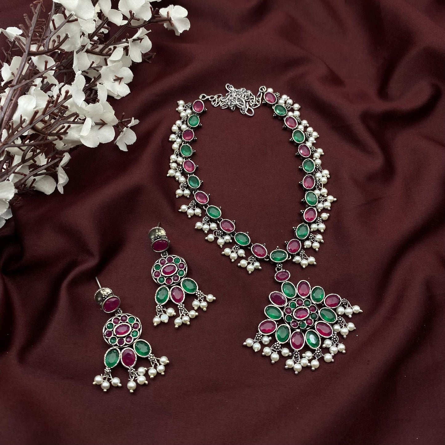 Oxidized Silver Long Necklace Set with Oval Stone & Matching Earrings – Available in 9 Vibrant Colors