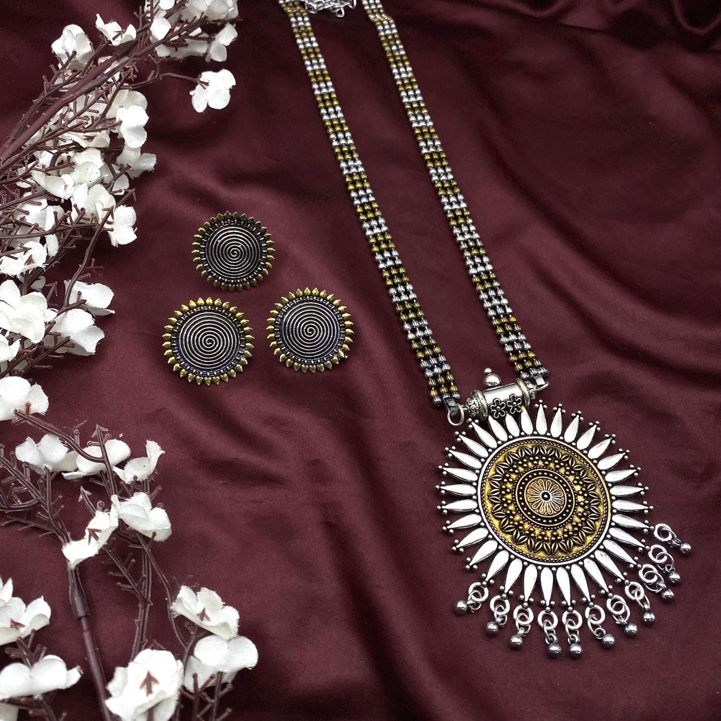 Quirky Fashions Dual tone Oxidized German silver necklace combo set with stud earrings, rings, and bracelets, Indian style jewelry valentine