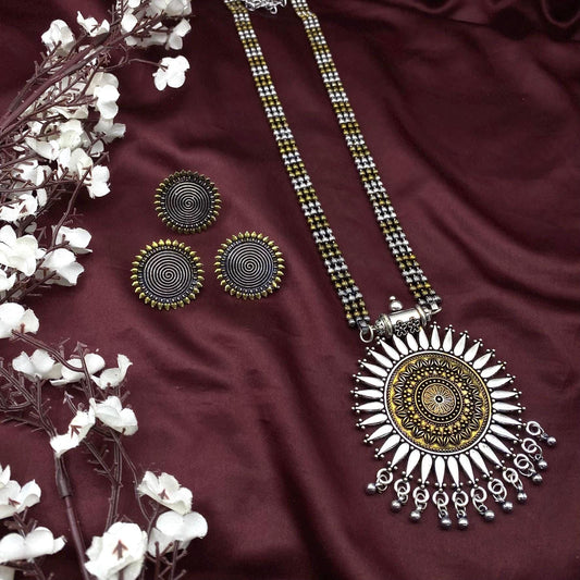 Quirky Fashions Dual tone Oxidized German silver necklace combo set with stud earrings, rings, and bracelets, Indian style jewelry valentine